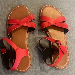 Red and Brown Open-Toe Sandals with Ankle Strap